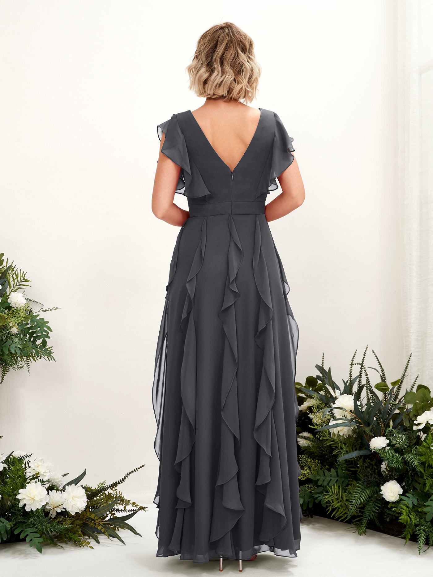 A-line V-neck Short Sleeves Chiffon Bridesmaid Dress - Pewter (81226038)#color_pewter