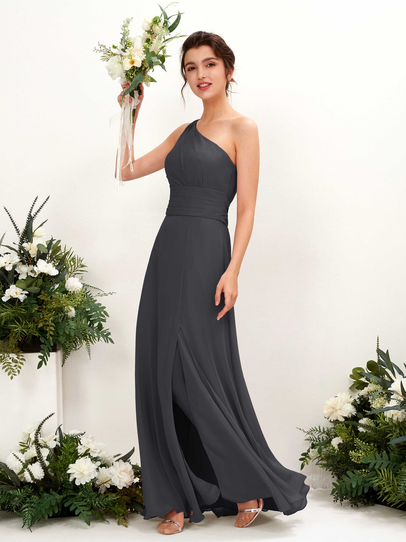 A-line One Shoulder Sleeveless Bridesmaid Dress - Pewter (81224738)#color_pewter