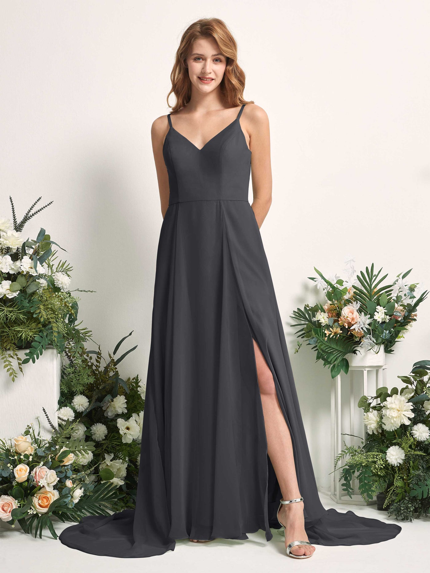 Bridesmaid Dress A-line Chiffon Spaghetti-straps Full Length Sleeveless Wedding Party Dress - Pewter (81227738)#color_pewter