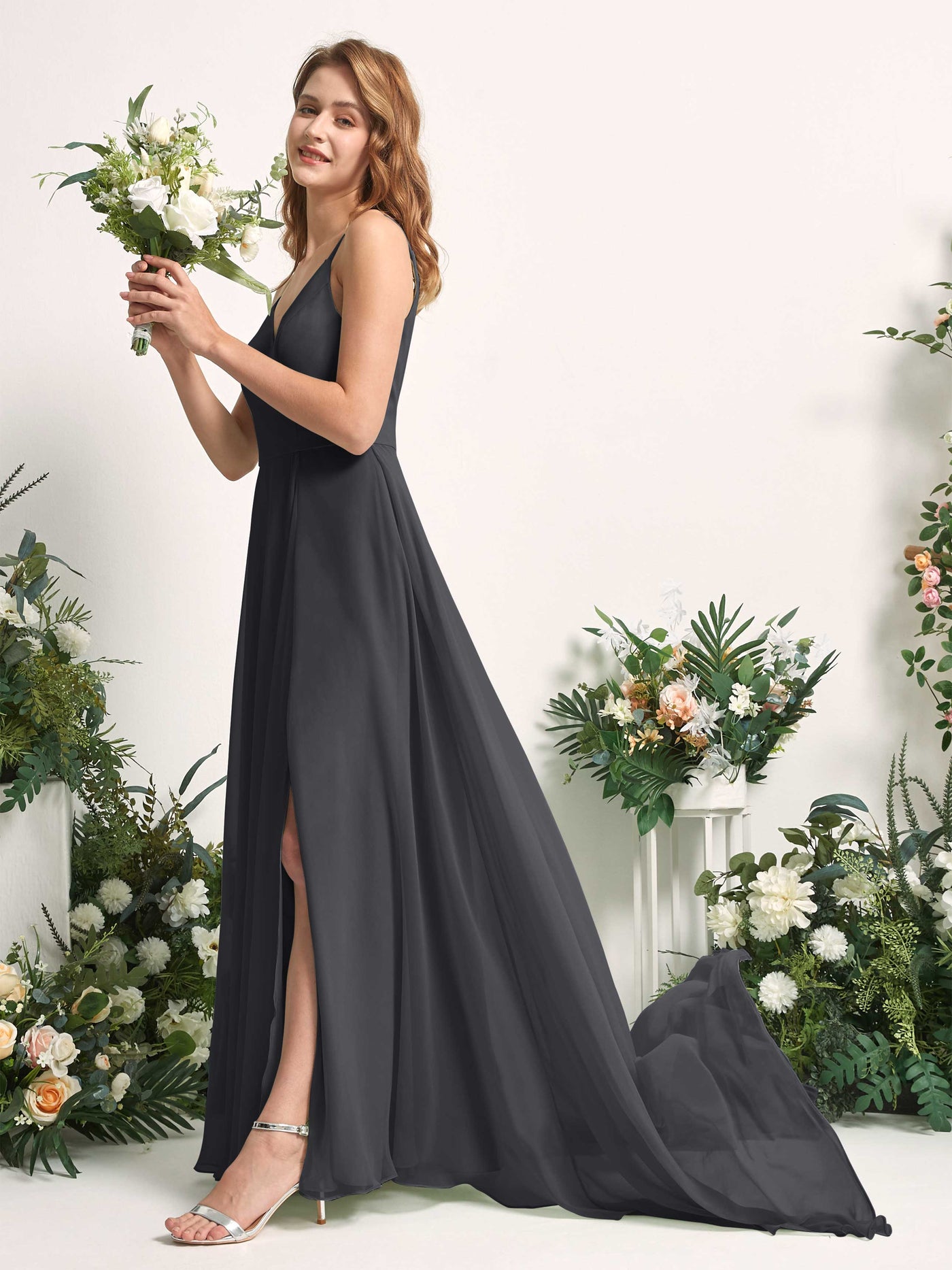 Bridesmaid Dress A-line Chiffon Spaghetti-straps Full Length Sleeveless Wedding Party Dress - Pewter (81227738)#color_pewter