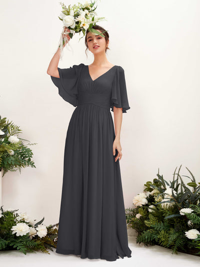Carlyna Odette A-Line Pewter Bridesmaid Dress Maxi Short Sleeve V-Neck Dress #color_pewter