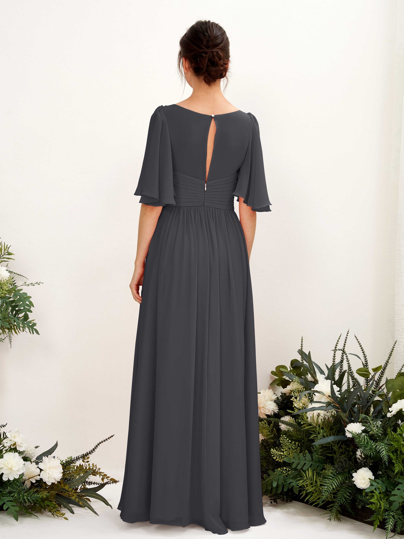 A-line V-neck 1/2 Sleeves Chiffon Bridesmaid Dress - Pewter (81221638)#color_pewter