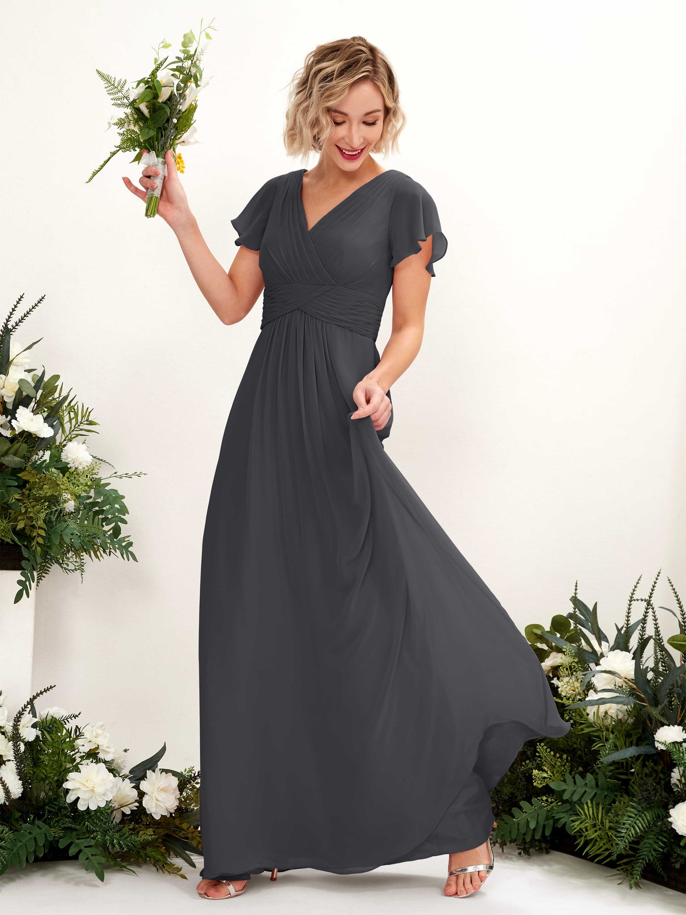A-line V-neck Cap Sleeves Chiffon Bridesmaid Dress - Pewter (81224338)#color_pewter