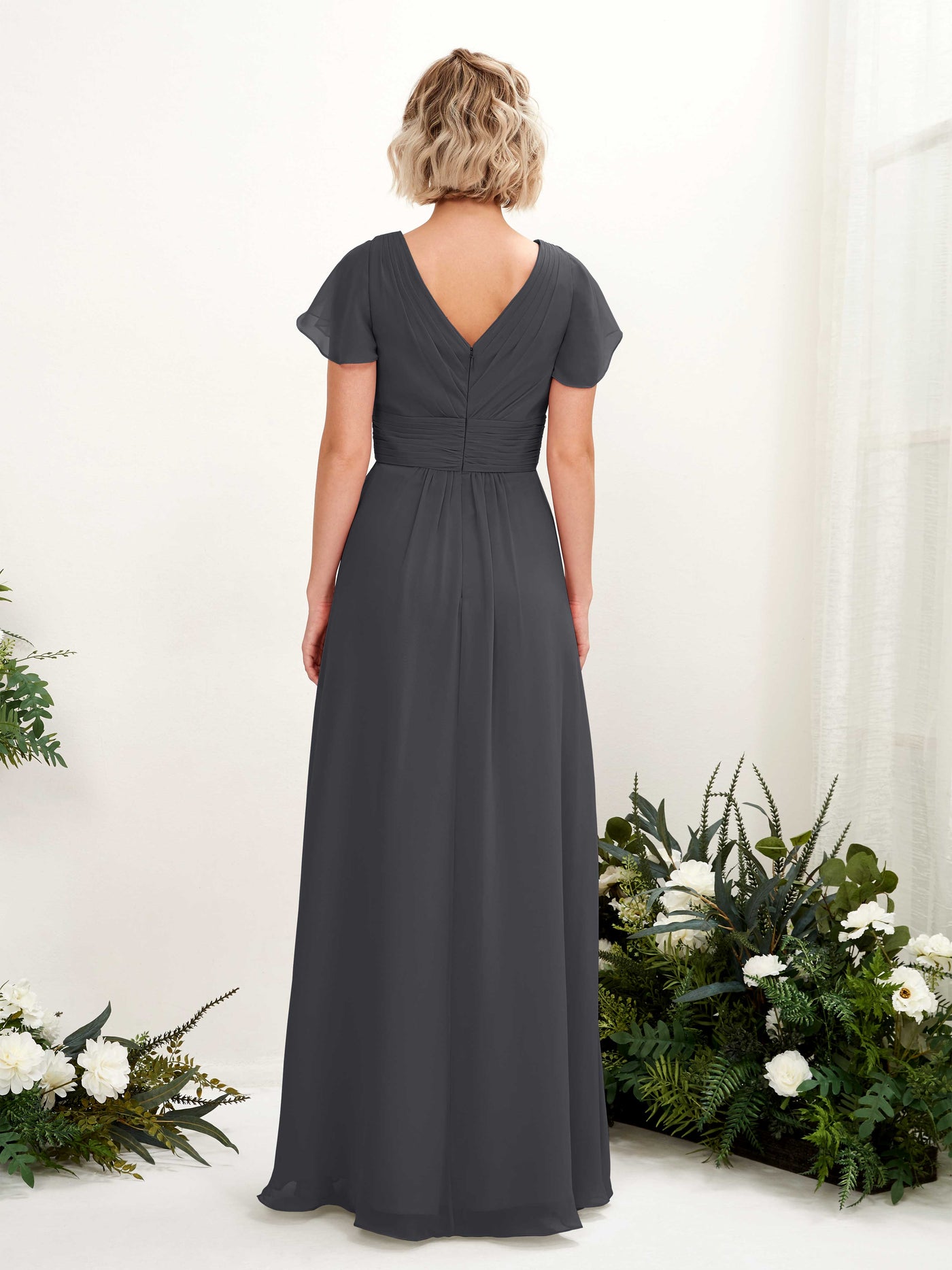 A-line V-neck Cap Sleeves Chiffon Bridesmaid Dress - Pewter (81224338)#color_pewter