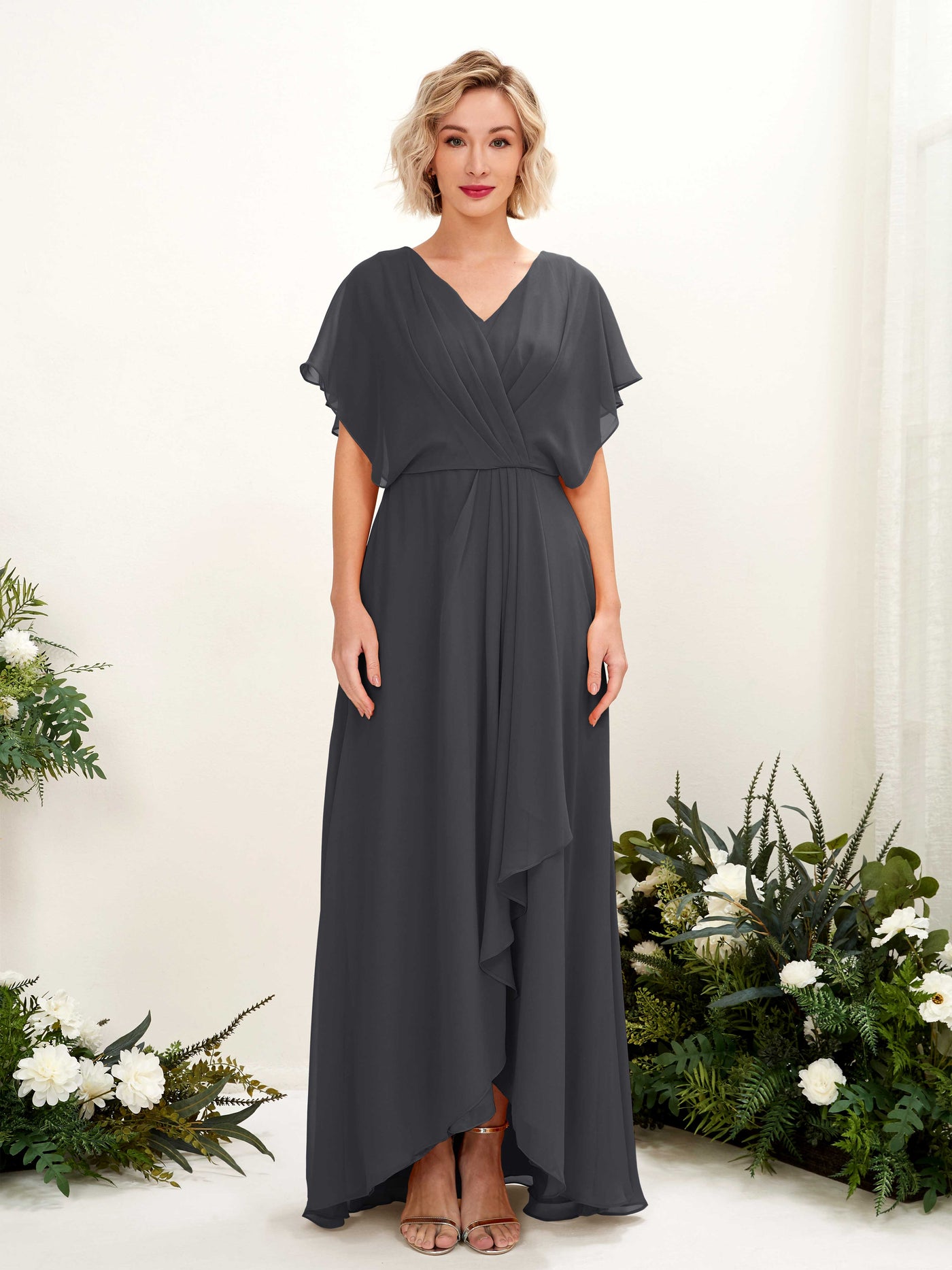 A-line V-neck Short Sleeves Chiffon Bridesmaid Dress - Pewter (81222138)#color_pewter