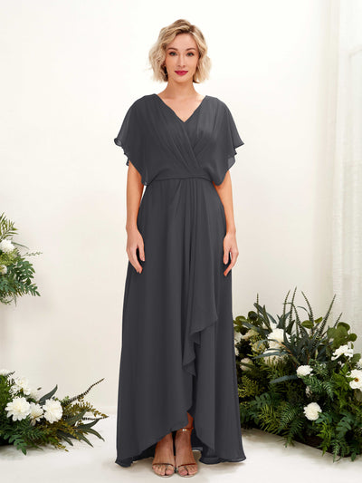 Carlyna Soleil A-Line Pewter Bridesmaid Dress Maxi Short Sleeve V-Neck Dress #color_pewter