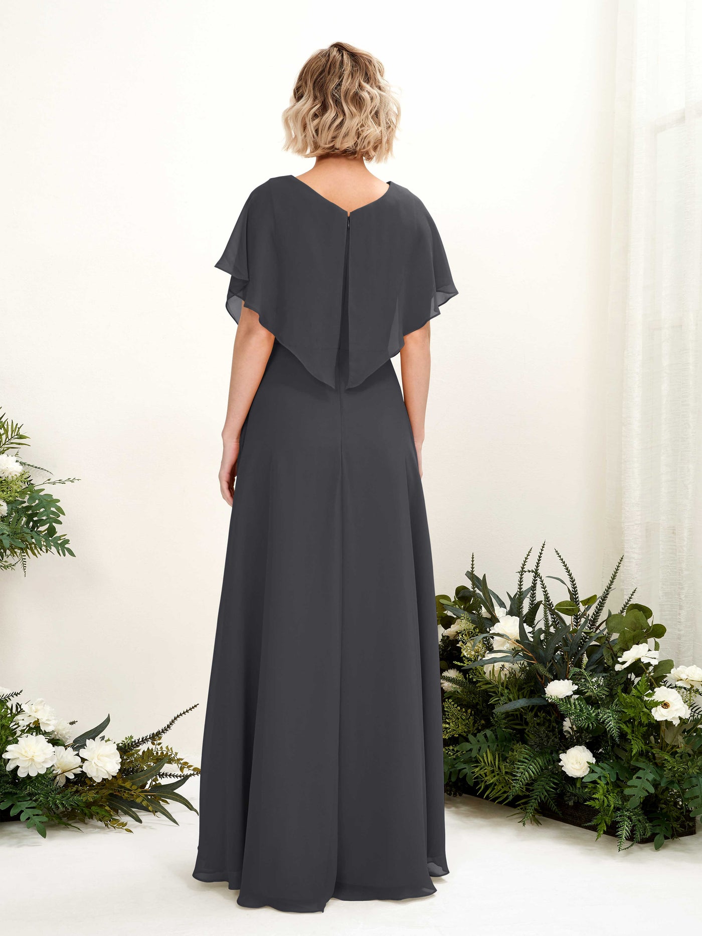 A-line V-neck Short Sleeves Chiffon Bridesmaid Dress - Pewter (81222138)#color_pewter