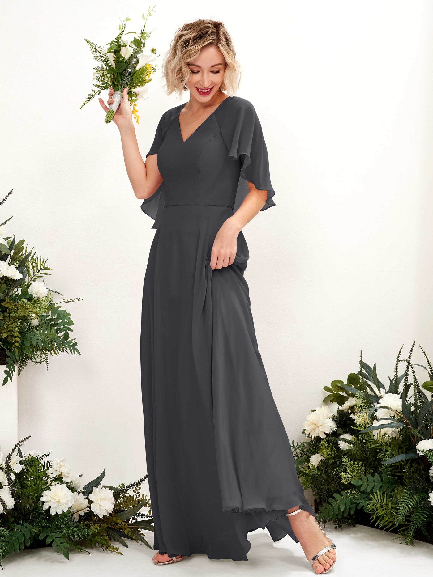 A-line V-neck Short Sleeves Chiffon Bridesmaid Dress - Pewter (81224438)#color_pewter
