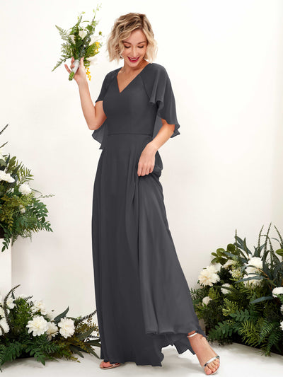 Carlyna Winnie A-Line Pewter Bridesmaid Dress Maxi Short Sleeve V-Neck Dress #color_pewter