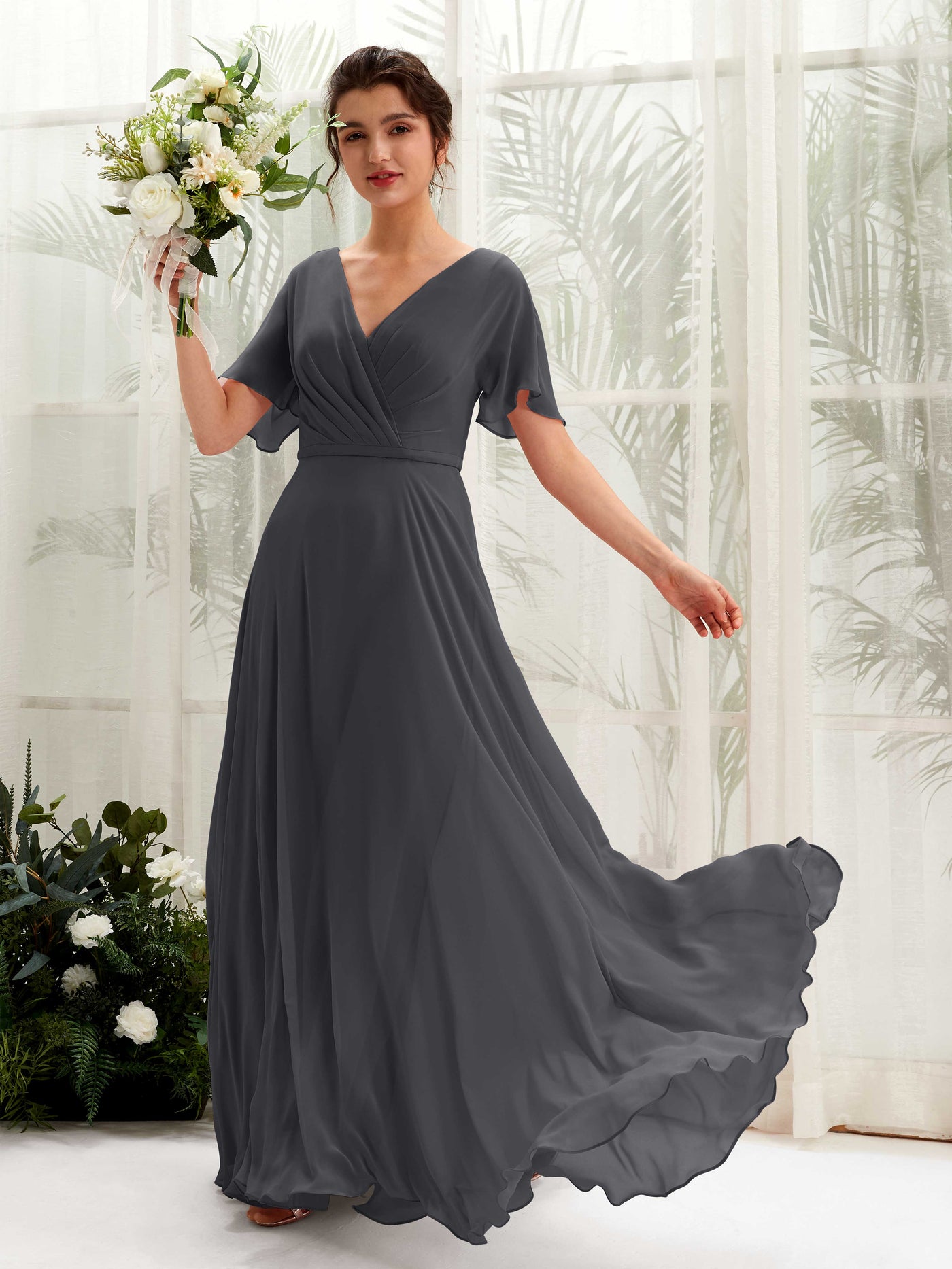 A-line V-neck Short Sleeves Chiffon Bridesmaid Dress - Pewter (81224638)#color_pewter