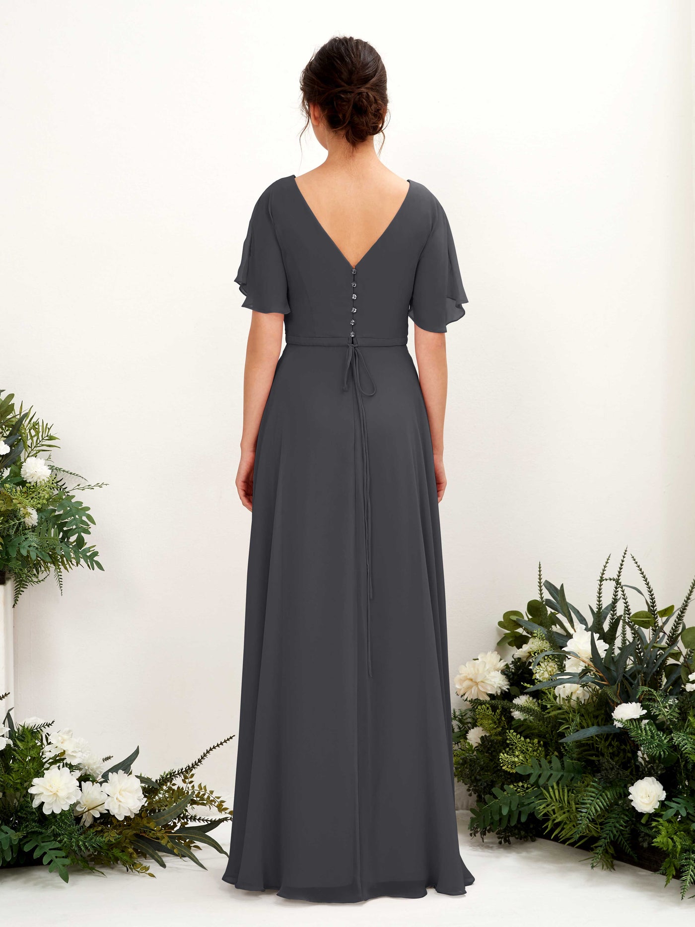 A-line V-neck Short Sleeves Chiffon Bridesmaid Dress - Pewter (81224638)#color_pewter
