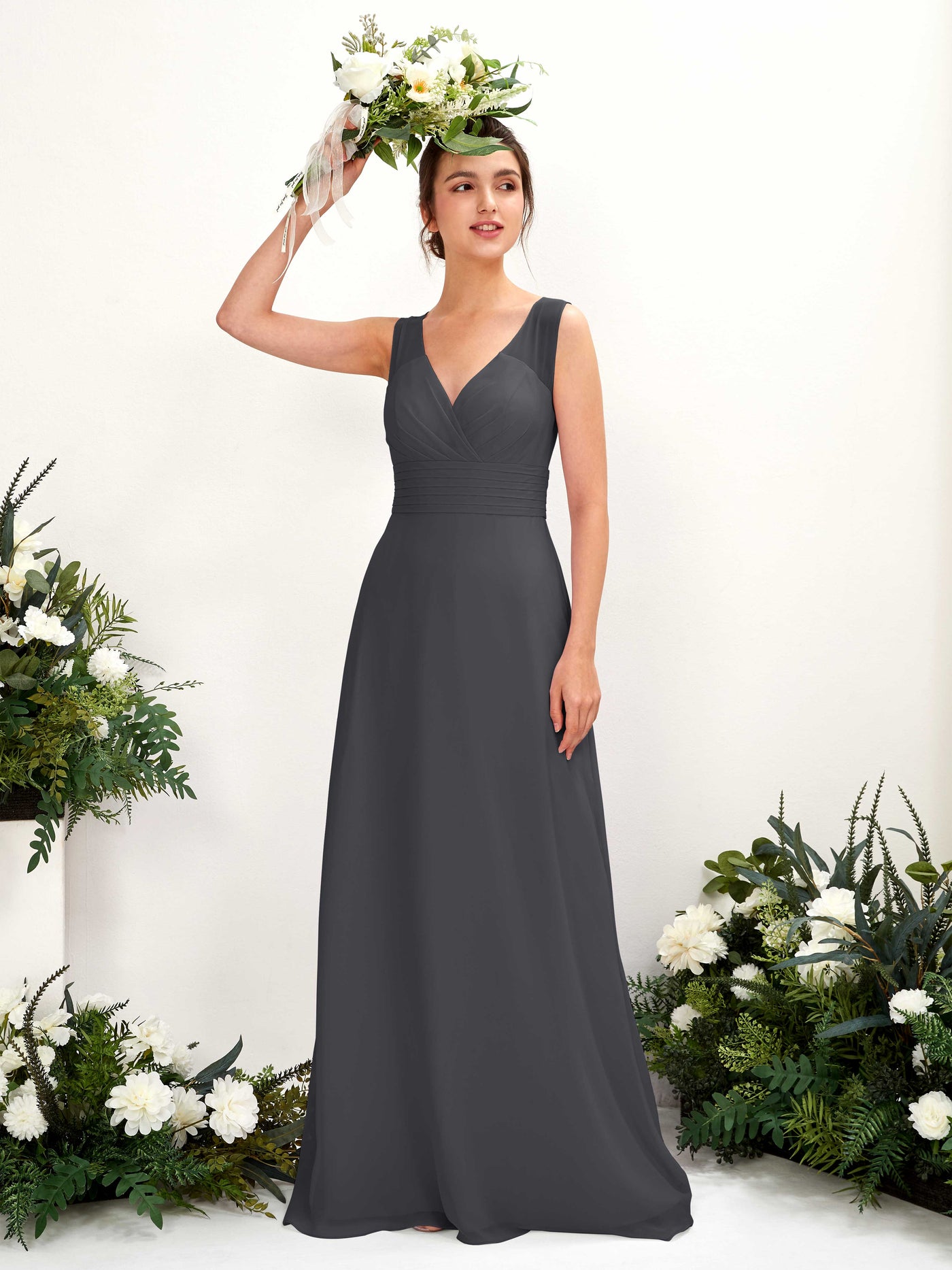A-line V-neck Sleeveless Chiffon Bridesmaid Dress - Pewter (81220938)#color_pewter