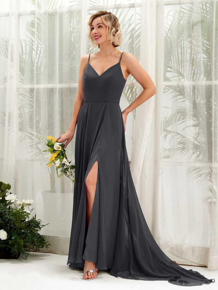 Ball Gown V-neck Sleeveless Bridesmaid Dress - Pewter (81224138)