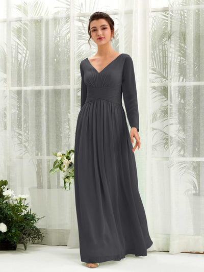 Carlyna Coline A-Line Pewter Bridesmaid Dress Maxi Long Sleeve V-Neck Front View #color_pewter