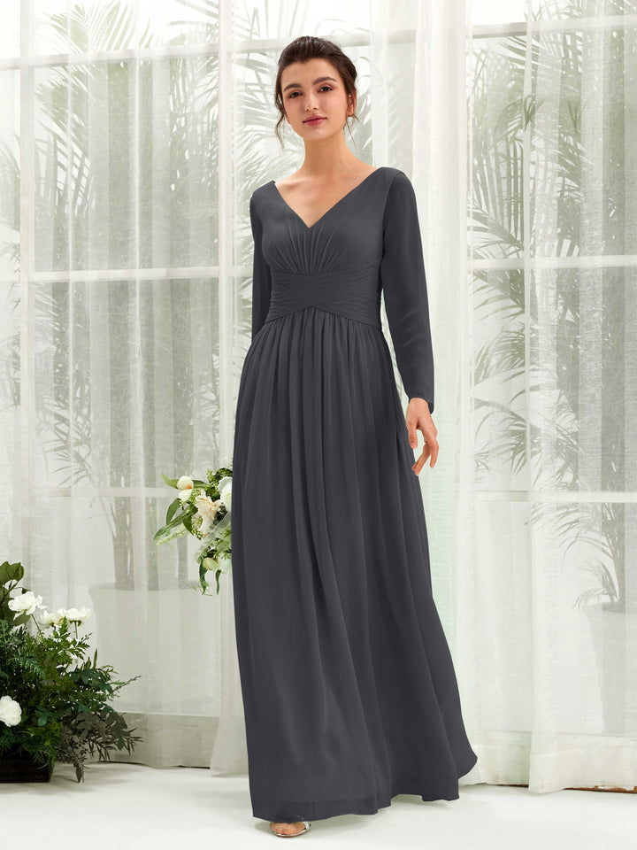 Ball Gown V-neck Long Sleeves Chiffon Bridesmaid Dress - Pewter (81220338)
