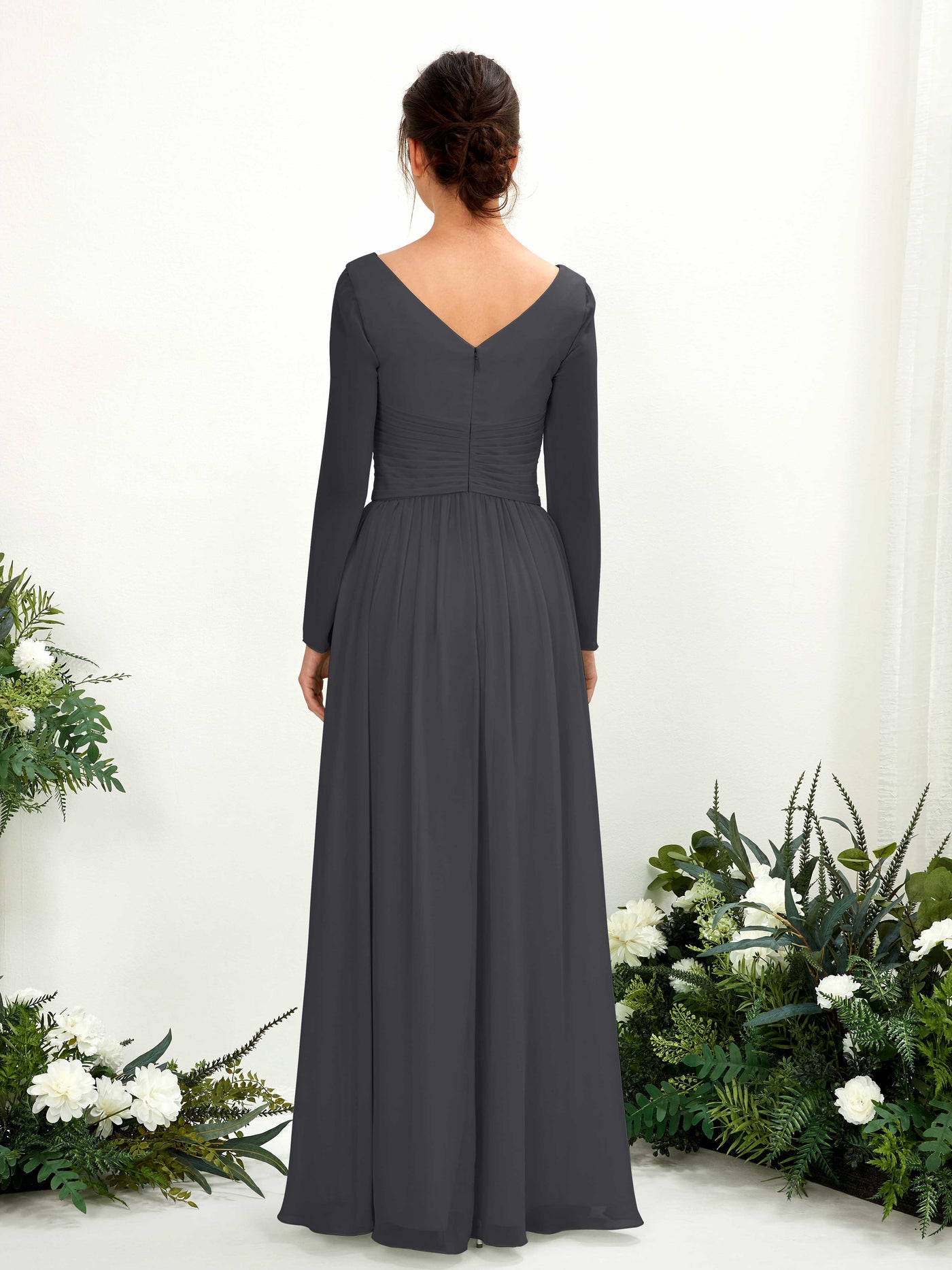 Ball Gown V-neck Long Sleeves Chiffon Bridesmaid Dress - Pewter (81220338)#color_pewter