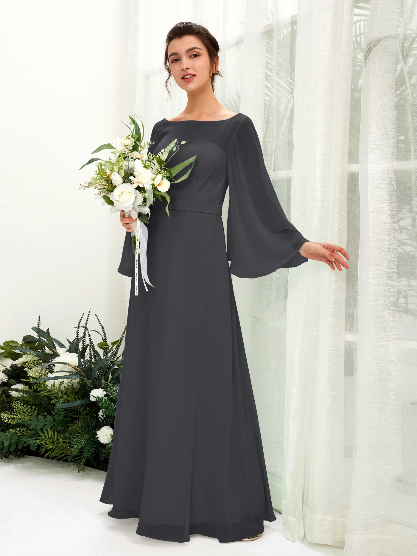 Bateau Illusion Long Sleeves Chiffon Bridesmaid Dress - Pewter (81220538)#color_pewter