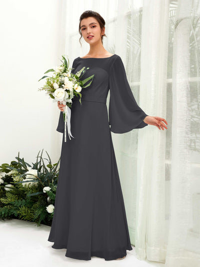 Carlyna Elie A-Line Pewter Bridesmaid Dress Maxi Long Sleeve Boat Neck Front View #color_pewter