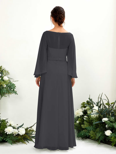 Carlyna Elie A-Line Pewter Bridesmaid Dress Maxi Long Sleeve Boat Neck Back View #color_pewter