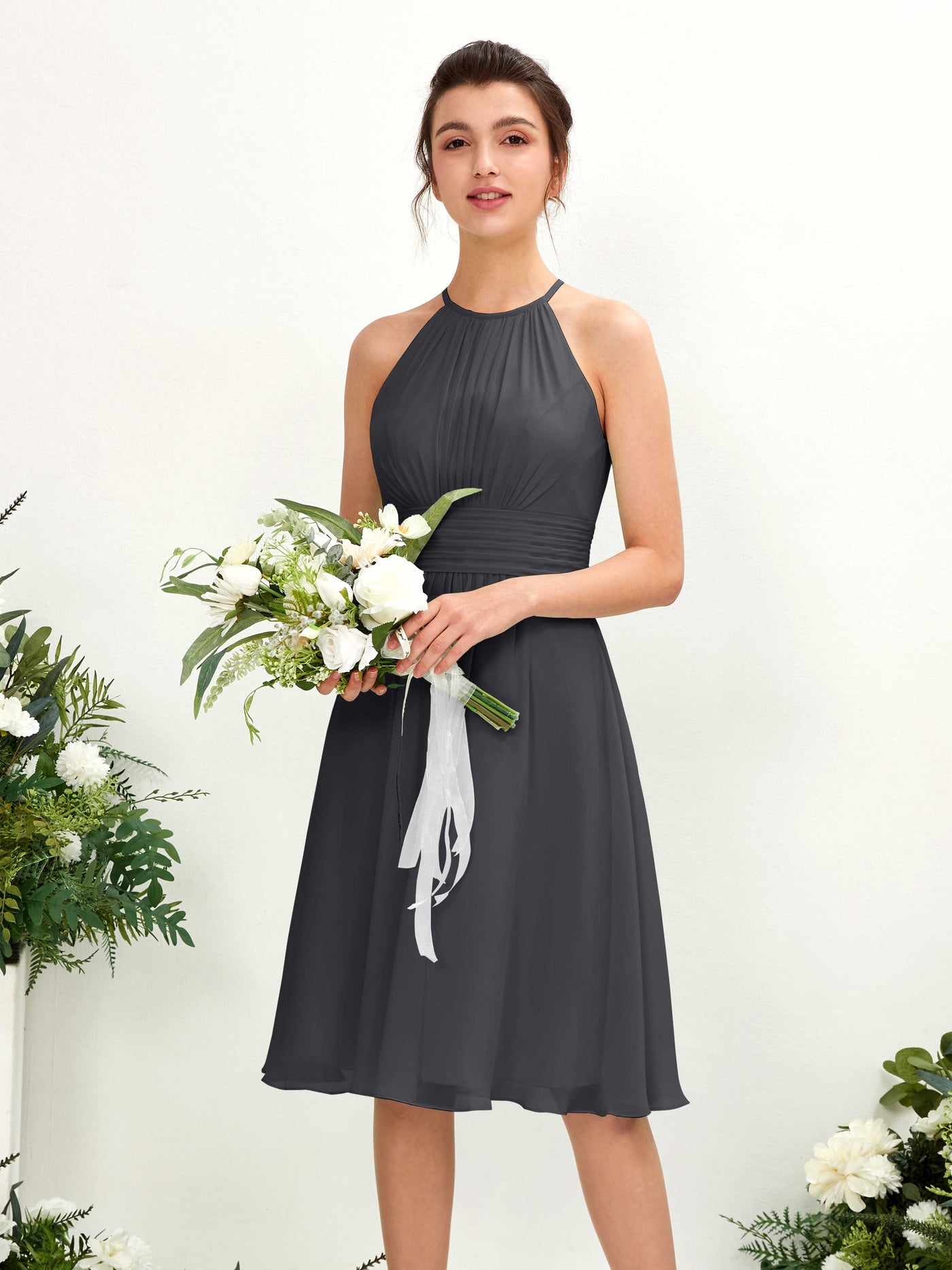 Halter Sleeveless Chiffon Bridesmaid Dress - Pewter (81220138)#color_pewter