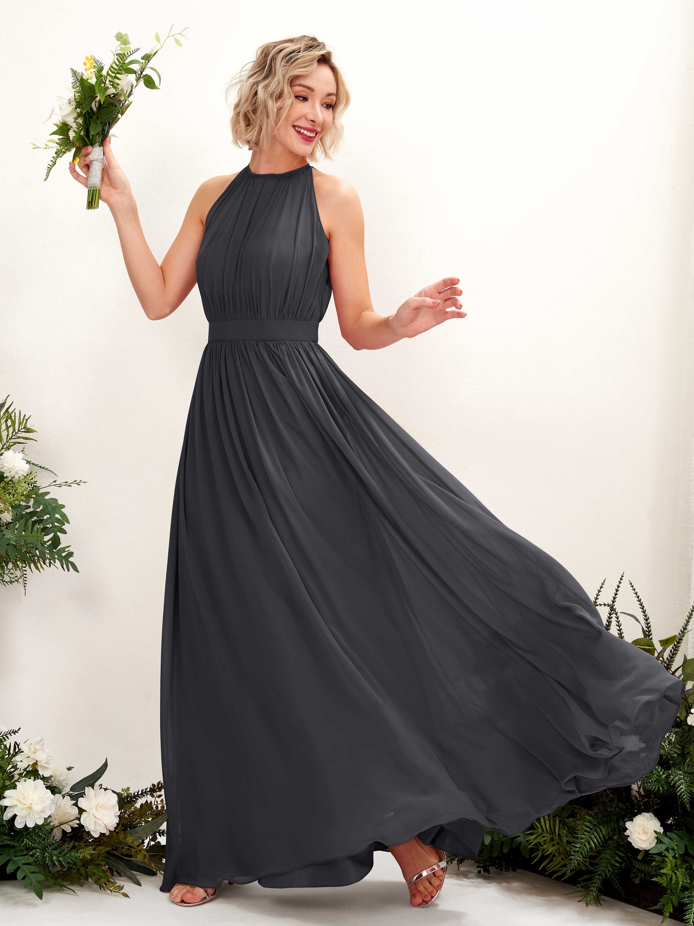 Halter Sleeveless Chiffon Bridesmaid Dress - Pewter (81223138)#color_pewter