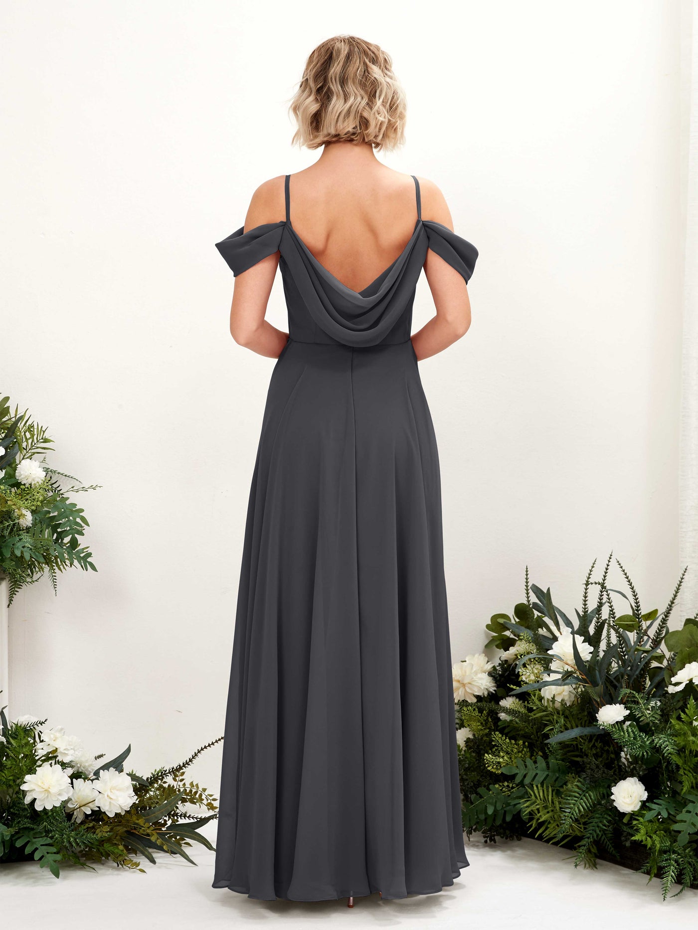 Off Shoulder Straps V-neck Sleeveless Chiffon Bridesmaid Dress - Pewter (81224938)#color_pewter