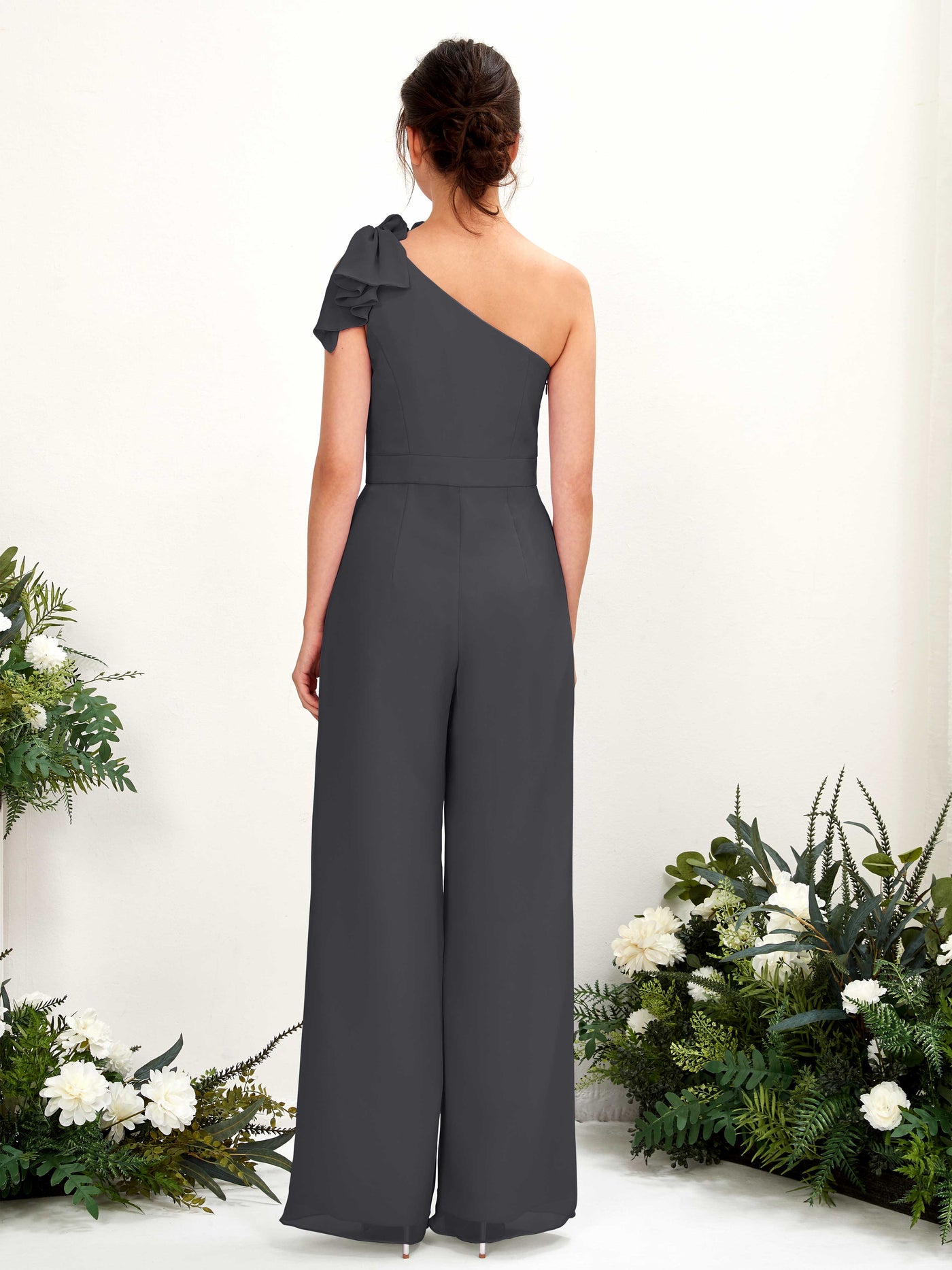 One Shoulder Sleeveless Chiffon Bridesmaid Wide-Leg Jumpsuit - Pewter (81220838)#color_pewter