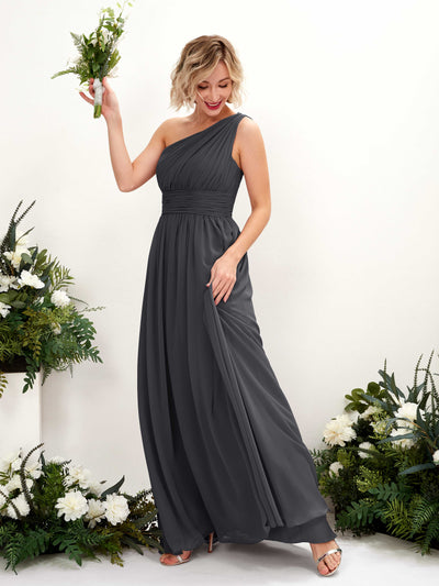 Carlyna Flaze A-Line Pewter Bridesmaid Dress Maxi Sleeveless One Shoulder Dress Front View #color_pewter