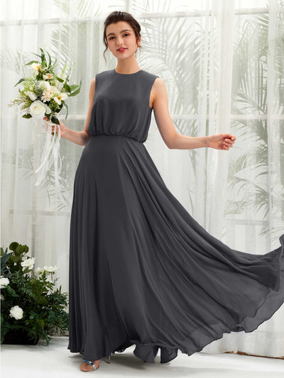 Carlyna Alma A-Line Pewter Bridesmaid Dress Maxi Sleeveless Round Neck Dress Front View #color_pewter