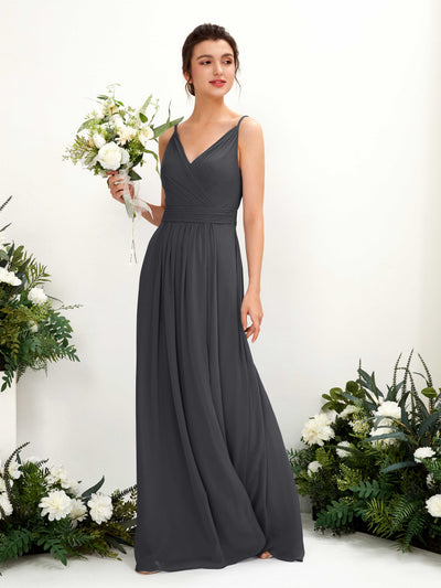 Carlyna Dira A-Line Pewter Bridesmaid Dress Maxi Sleeveless V-Neck Dress Front View #color_pewter