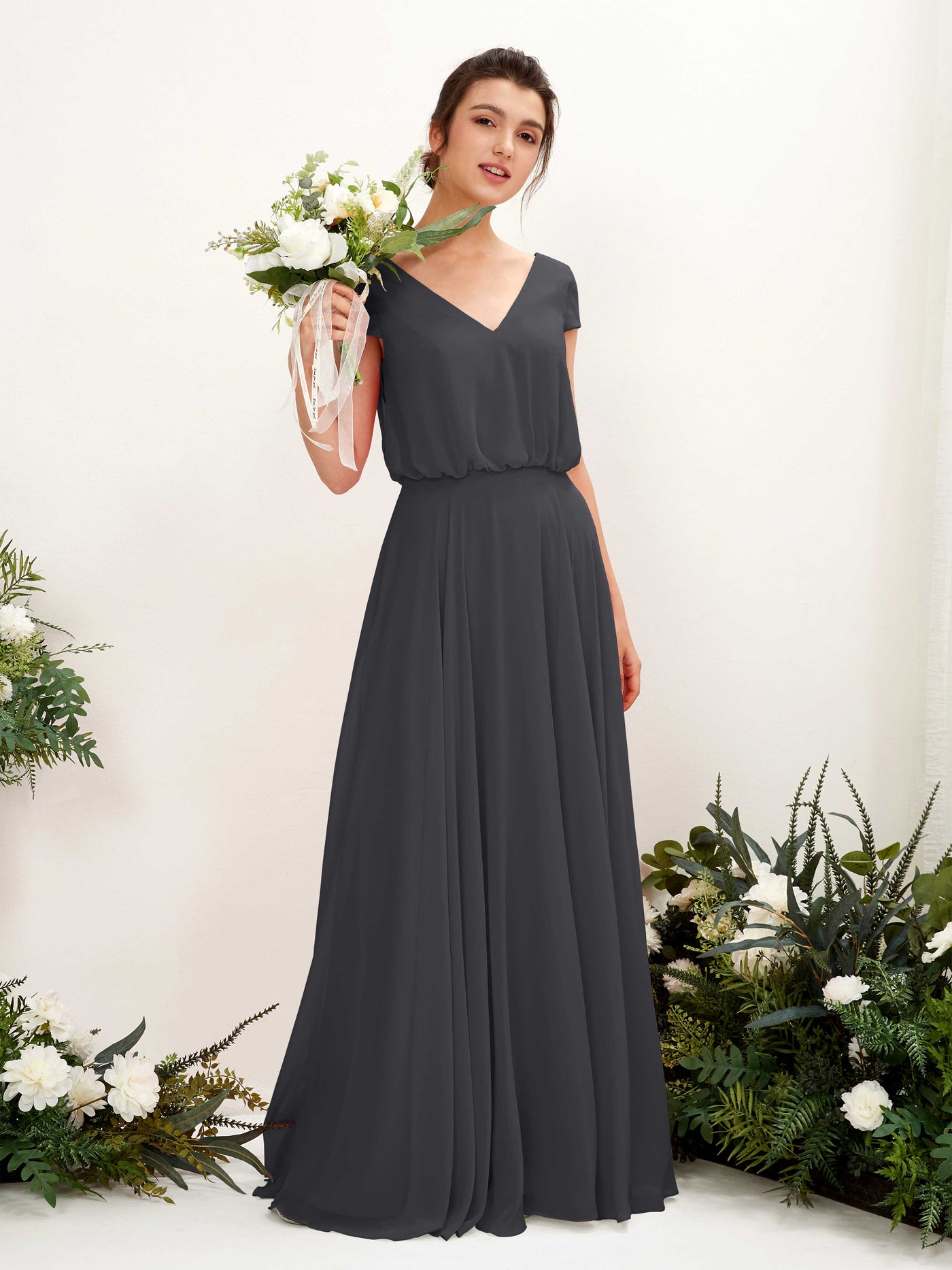 V-neck Cap Sleeves Chiffon Bridesmaid Dress - Pewter (81221838)#color_pewter