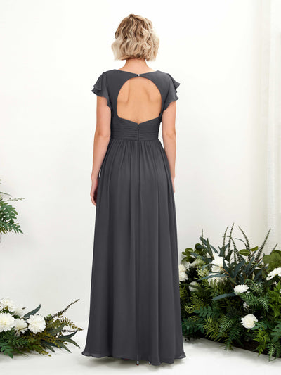Carlyna Grino A-Line Pewter Bridesmaid Dress Maxi Cap Sleeve V-Neck Dress Back View #color_pewter