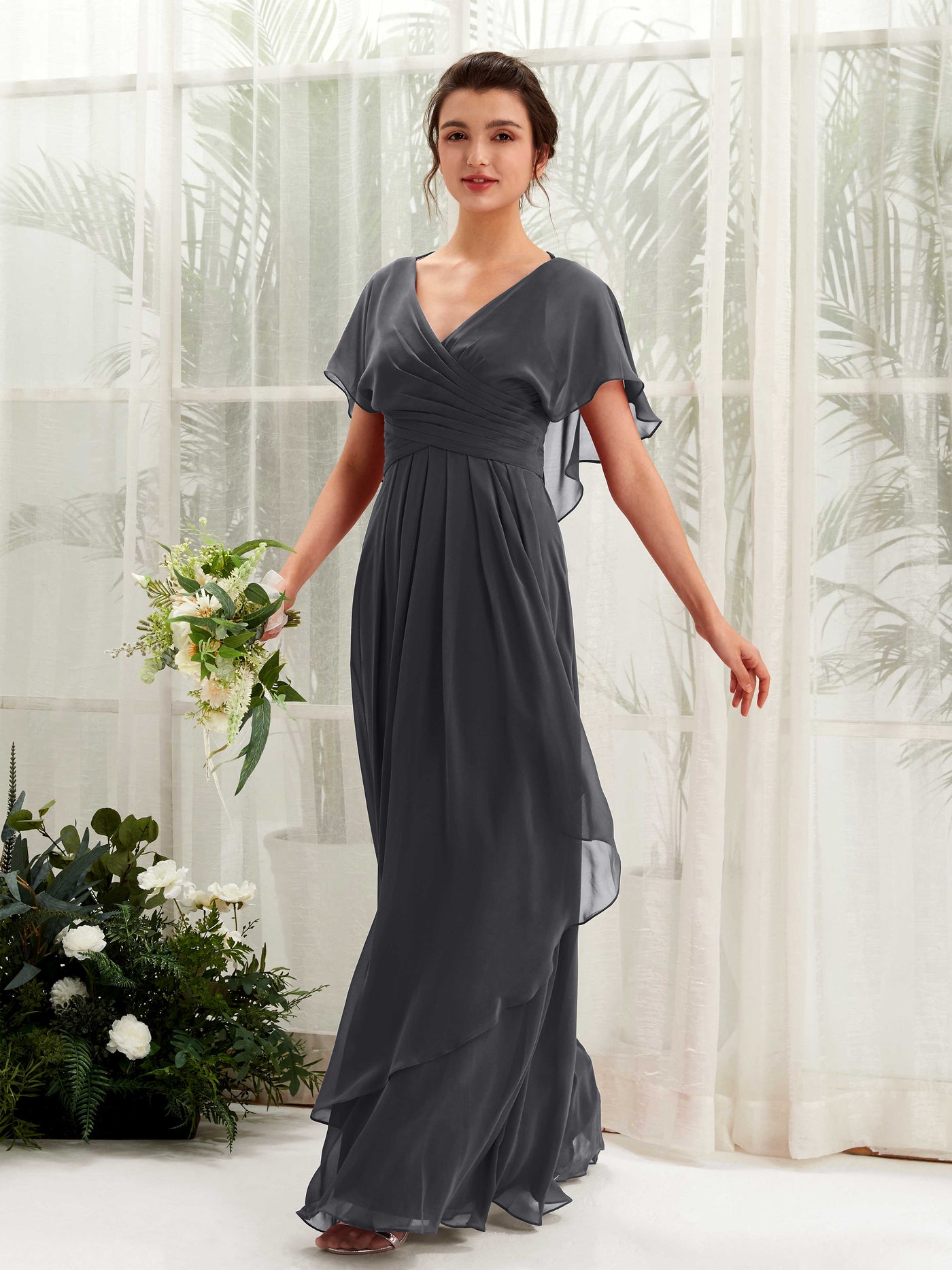 V-neck Short Sleeves Chiffon Bridesmaid Dress - Pewter (81226138)#color_pewter