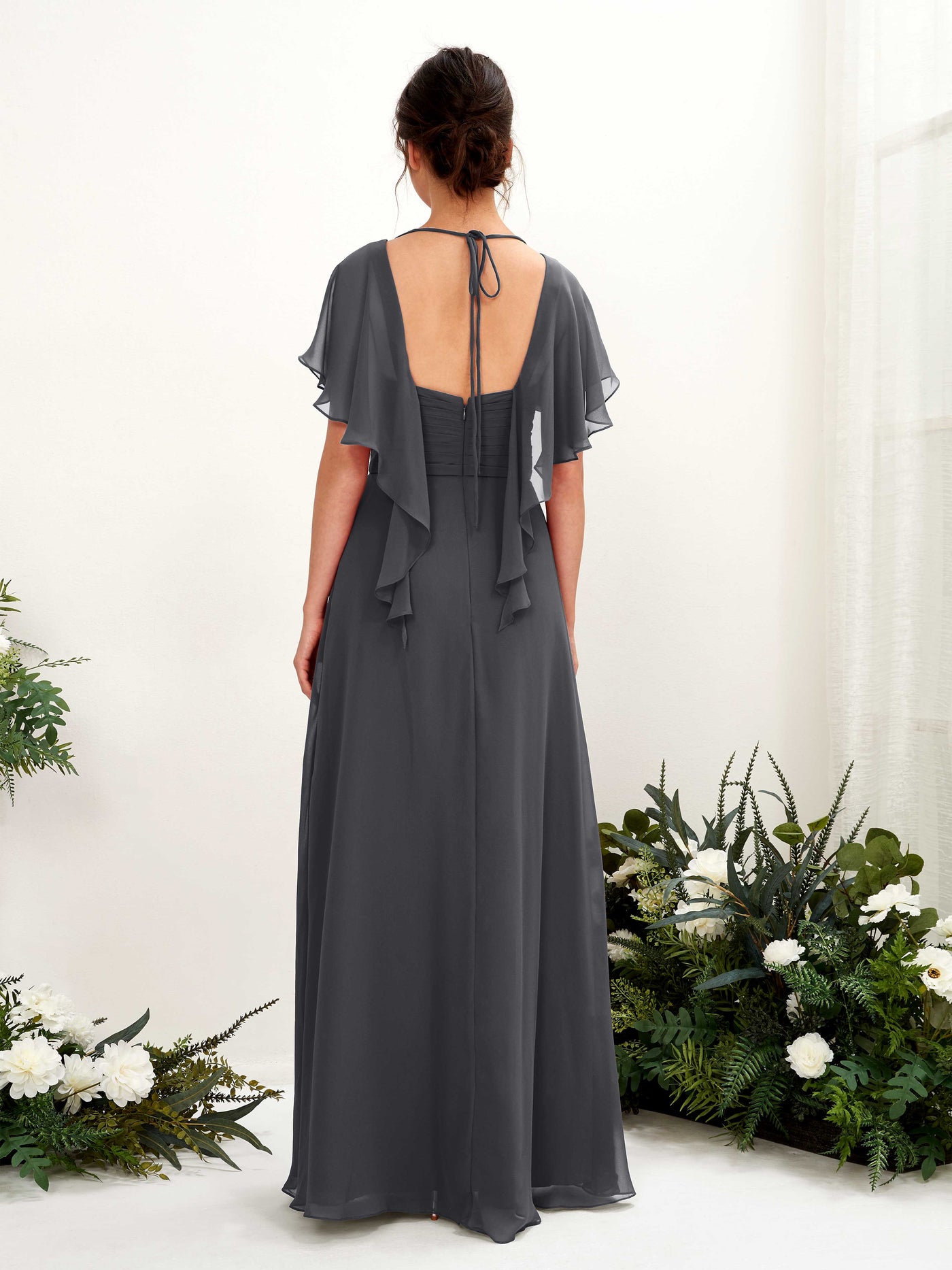 V-neck Short Sleeves Chiffon Bridesmaid Dress - Pewter (81226138)#color_pewter