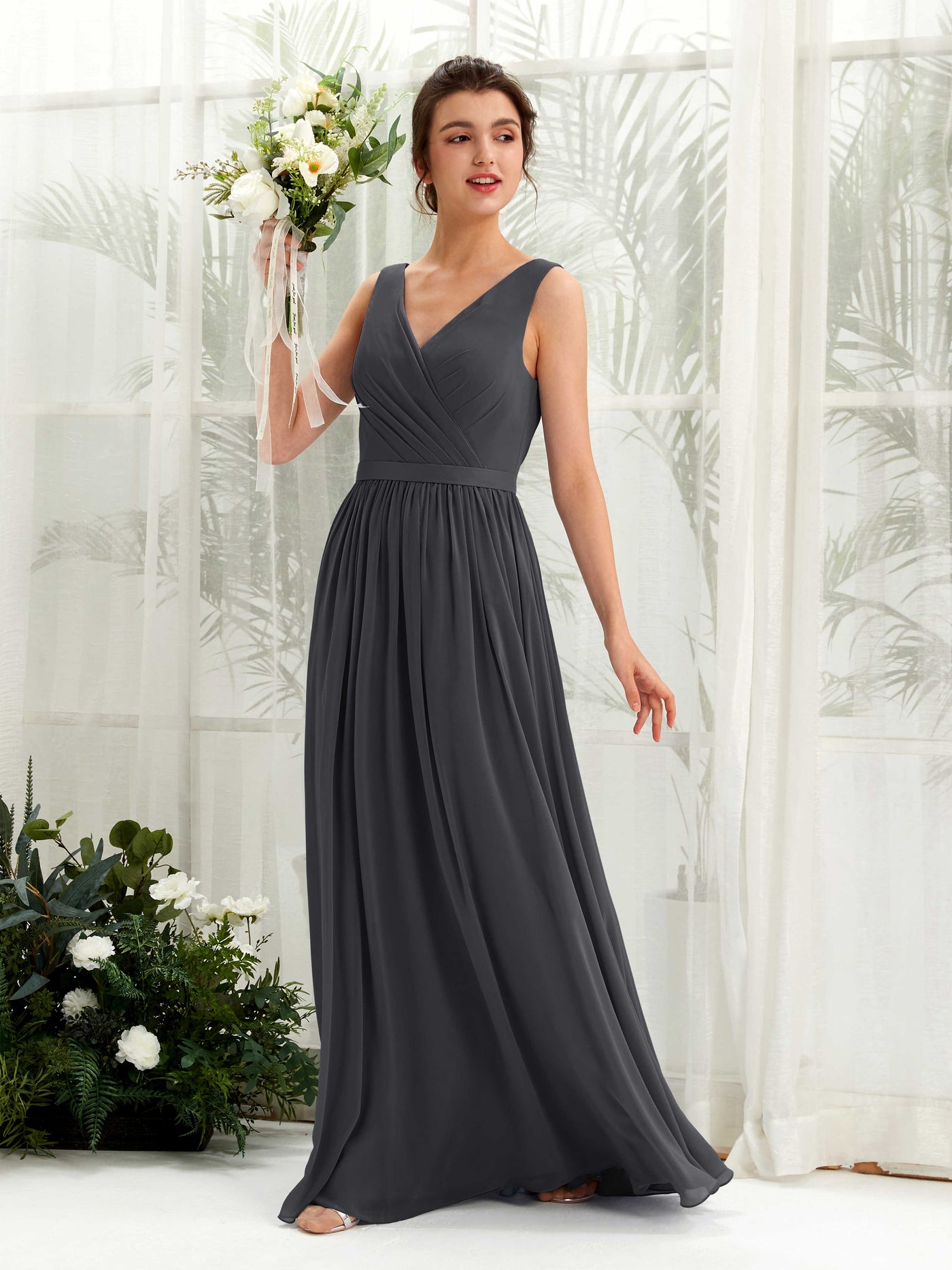 V-neck Sleeveless Chiffon Bridesmaid Dress - Pewter (81223638)#color_pewter