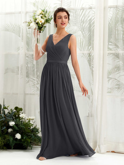 Carlyna Barbara A-Line Pewter Bridesmaid Dress Maxi Sleeveless V-Neck Dress Front View #color_pewter