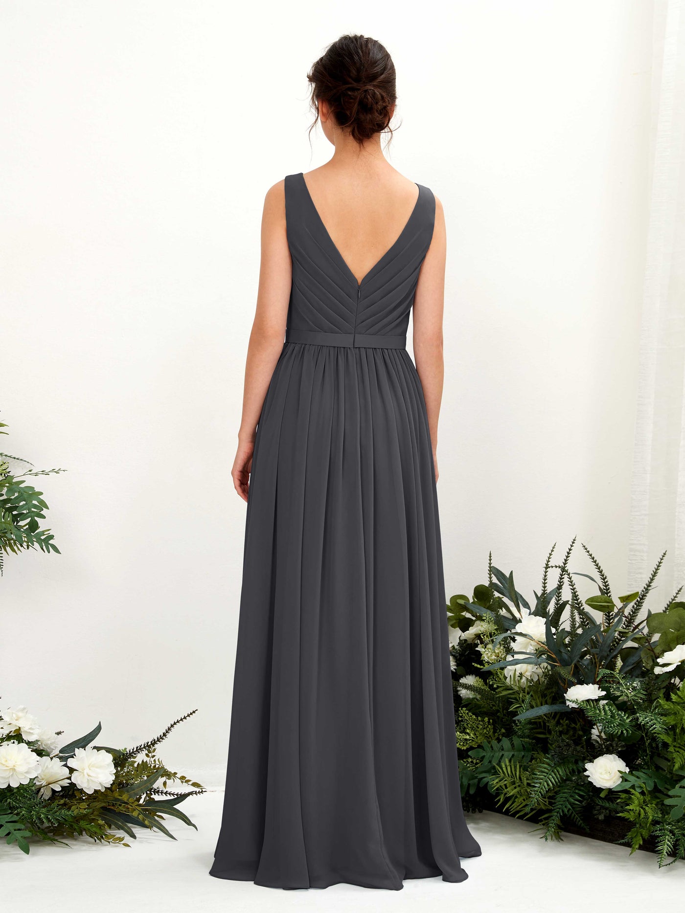 V-neck Sleeveless Chiffon Bridesmaid Dress - Pewter (81223638)#color_pewter