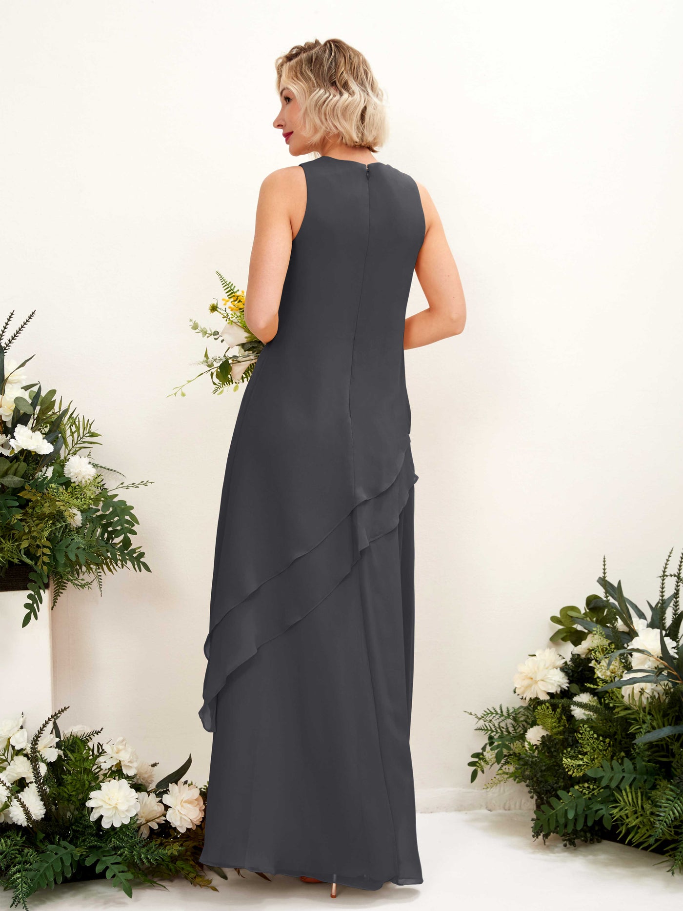 Round Sleeveless Chiffon Bridesmaid Dress - Pewter (81222338)#color_pewter