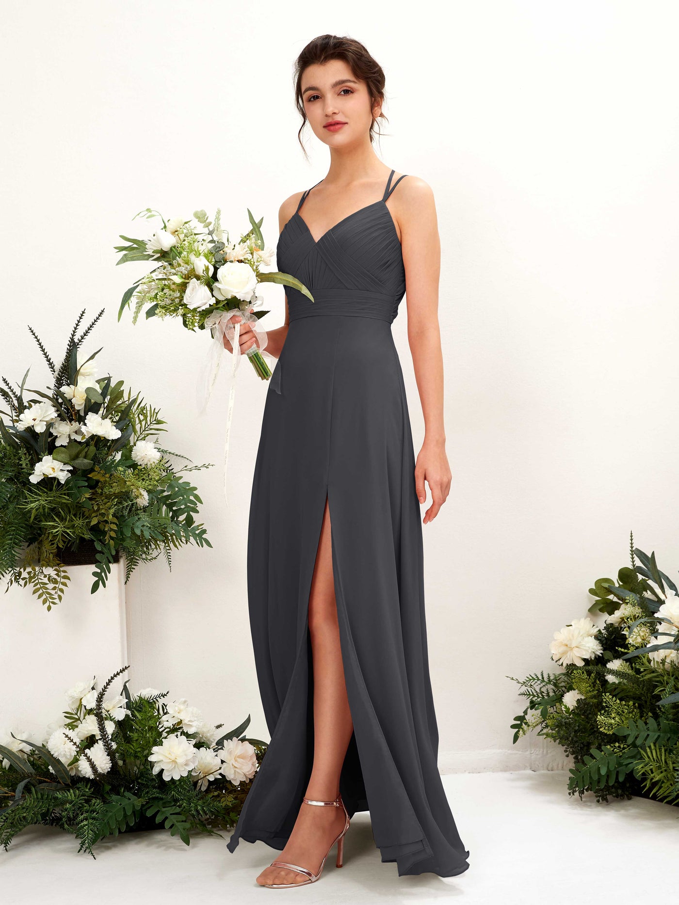 Straps V-neck Sleeveless Chiffon Bridesmaid Dress - Pewter (81225438)#color_pewter