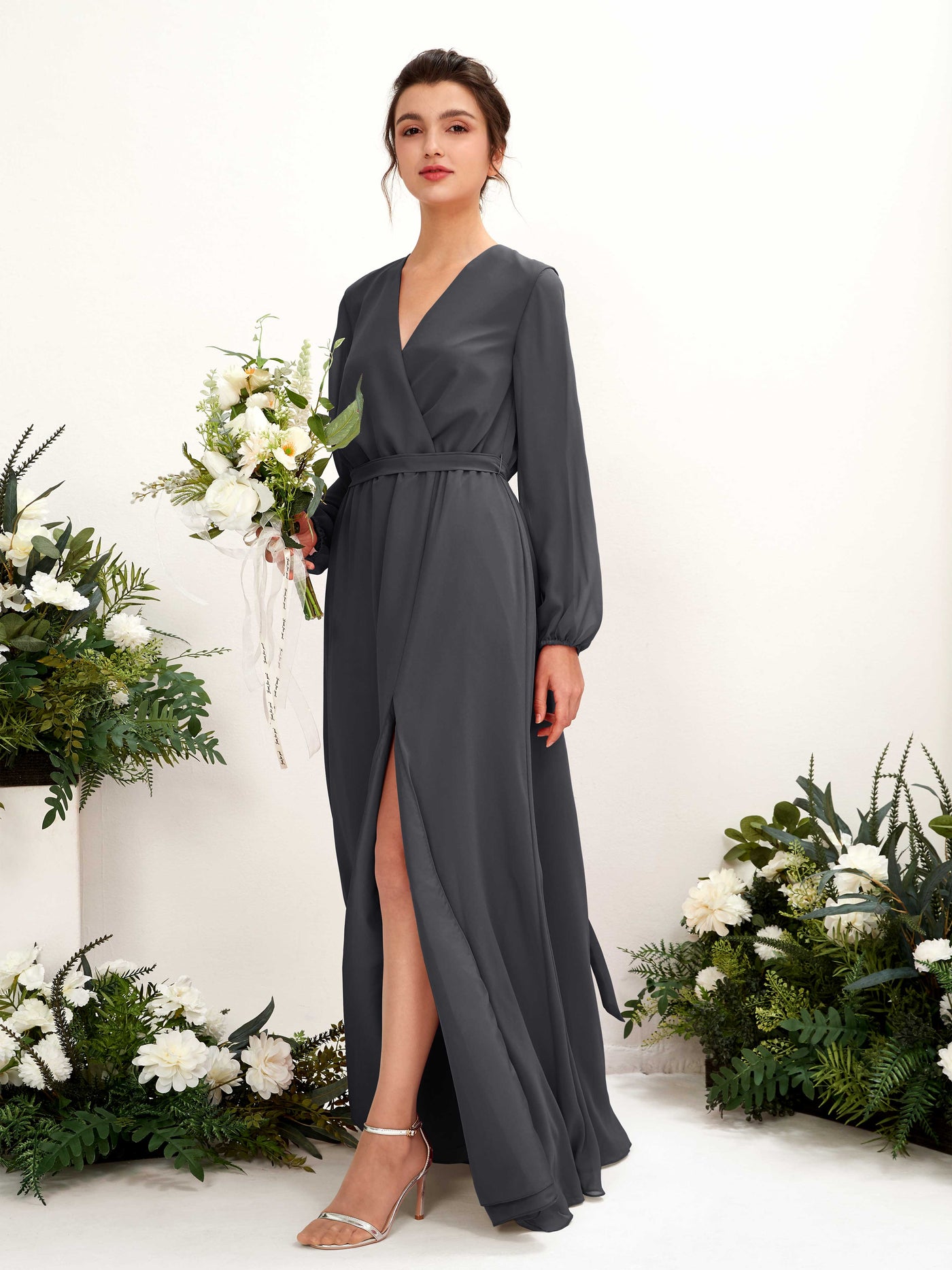 V-neck Long Sleeves Chiffon Bridesmaid Dress - Pewter (81223238)#color_pewter