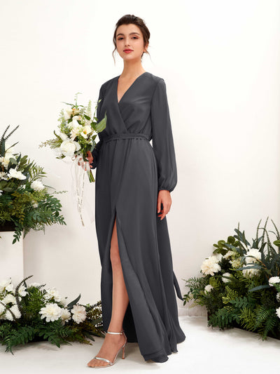 Carlyna Elsie A-Line Pewter Bridesmaid Dress Maxi Long Sleeve V-Neck Front View #color_pewter