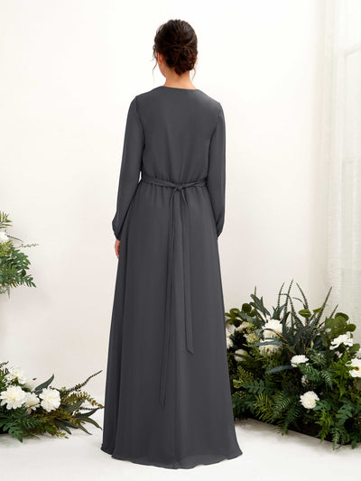 Carlyna Elsie A-Line Pewter Bridesmaid Dress Maxi Long Sleeve V-Neck Back View #color_pewter