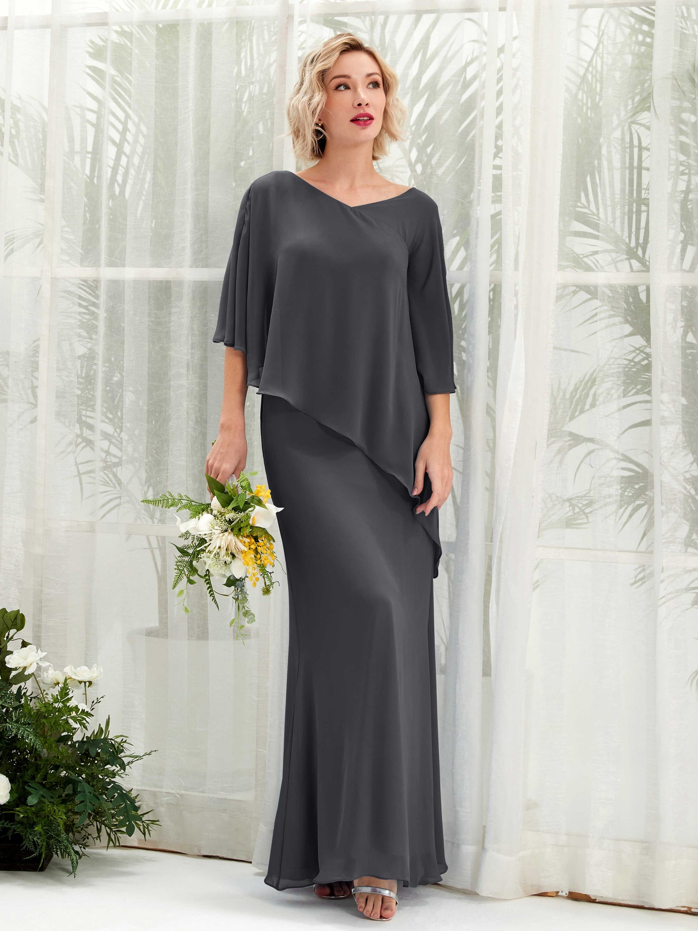 V-neck 3/4 Sleeves Chiffon Bridesmaid Dress - Pewter (81222538)#color_pewter