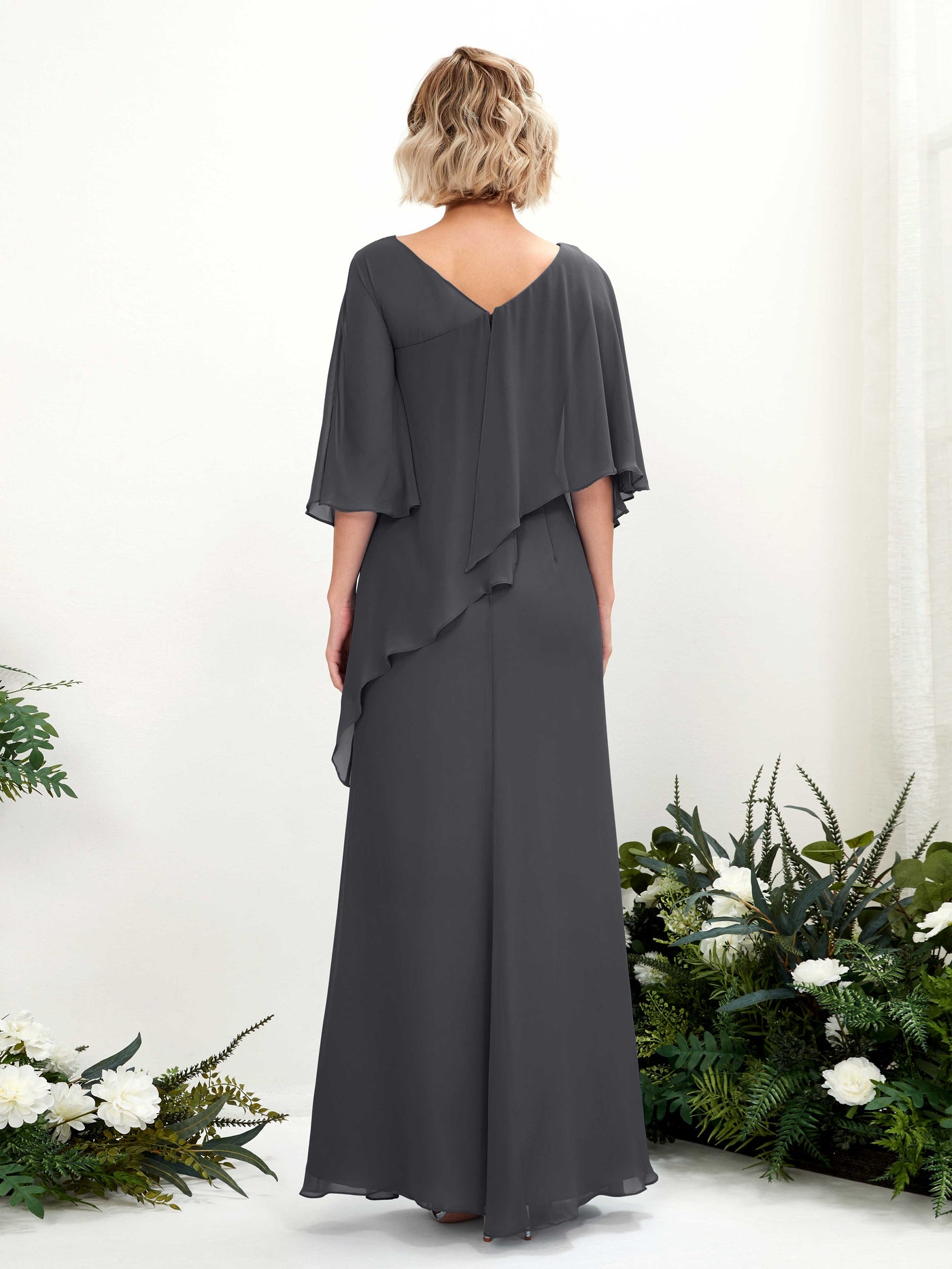 V-neck 3/4 Sleeves Chiffon Bridesmaid Dress - Pewter (81222538)#color_pewter