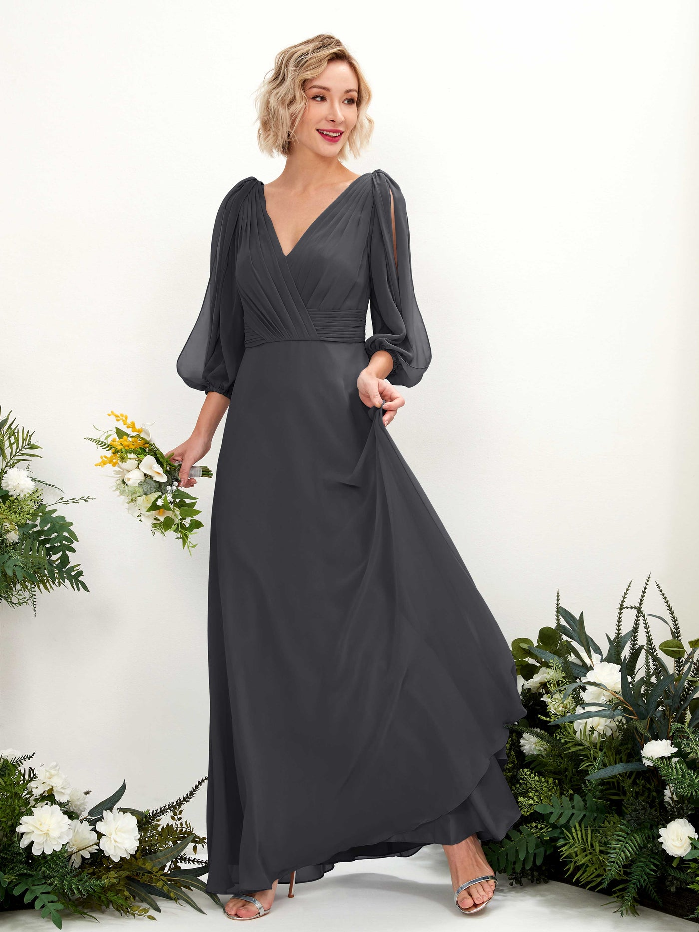 V-neck 3/4 Sleeves Chiffon Bridesmaid Dress - Pewter (81223538)#color_pewter