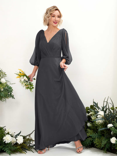 Carlyna Antonia A-Line Pewter Bridesmaid Dress Maxi Three Quarter Sleeve V-Neck Dress Front View #color_pewter