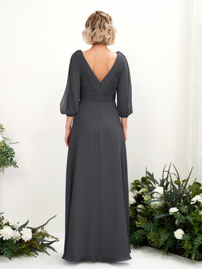Carlyna Antonia A-Line Pewter Bridesmaid Dress Maxi Three Quarter Sleeve V-Neck Dress Back View #color_pewter