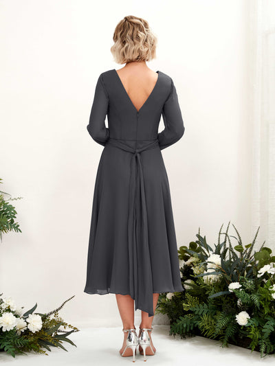 Carlyna Joanna A-Line Pewter Bridesmaid Dress Midi Long Sleeve V-Neck  #color_pewter