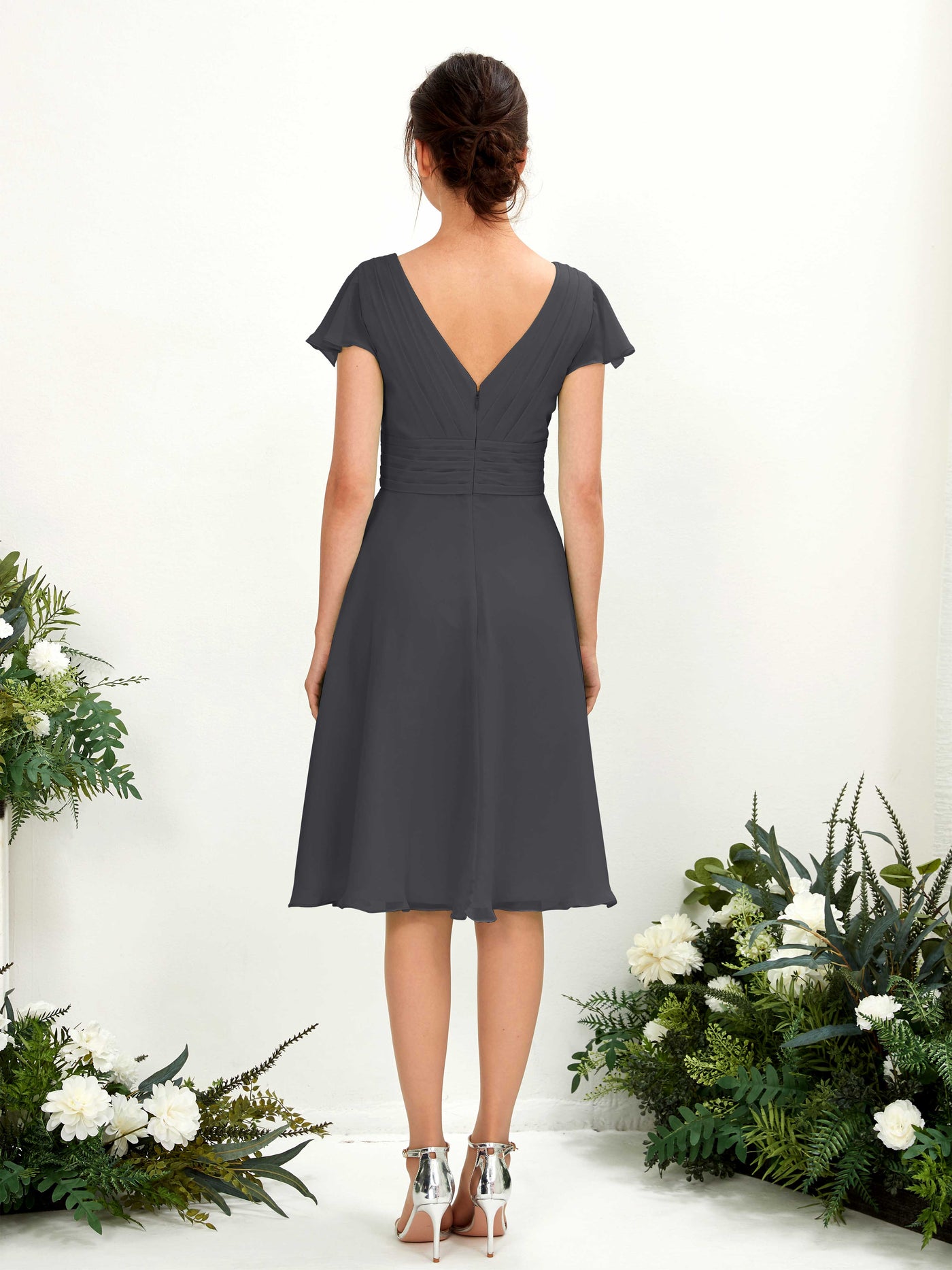 V-neck Short Sleeves Chiffon Bridesmaid Dress - Pewter (81220238)#color_pewter
