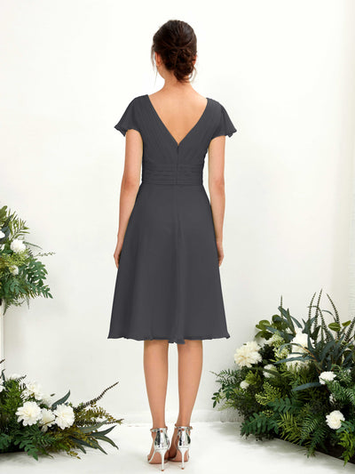 Carlyna Betty A-Line Pewter Bridesmaid Dress Knee-Length Short Sleeve V-Neck Dress Back View #color_pewter